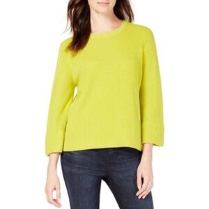 Eileen Fisher 100% merino wool 3/4 sleeve sweater M green yellow boxy knit top